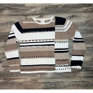 VTG Christopher & Banks Patchwork Striped Knit Sweater Neutral Boho Cottagecore